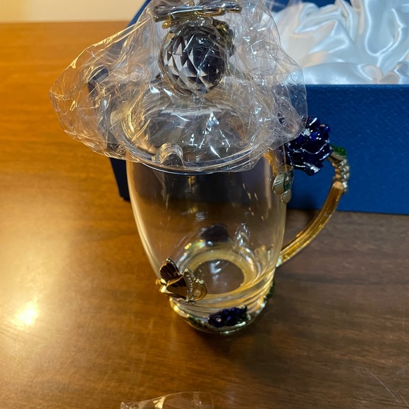 Glass Tea Cup,Coffee Mug Enamel Rose Flower Butterfly Cup w Spoon, Lid & box New - Picture 5 of 8